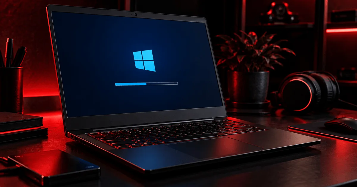 Notebook aberto com a tela exibindo a instalação do Windows