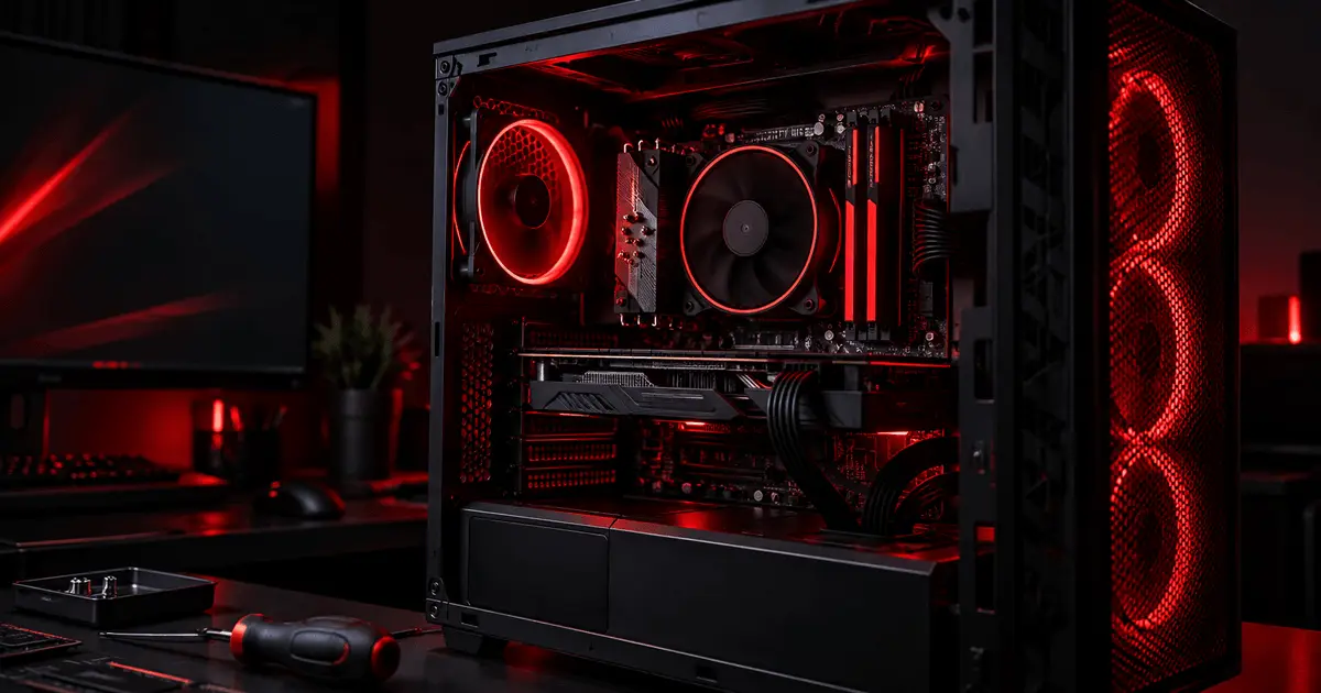 Gabinete de PC aberto mostrando o cooler do processador e iluminação interna