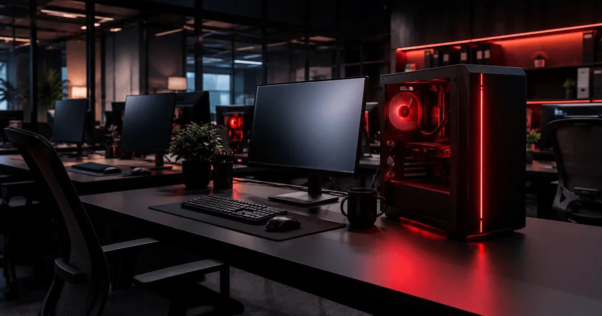 Estações de trabalho de um escritório com computadores em funcionamento