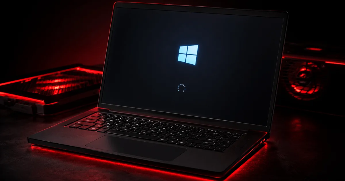 Pessoa esperando um notebook lento responder, com a tela de carregamento do Windows