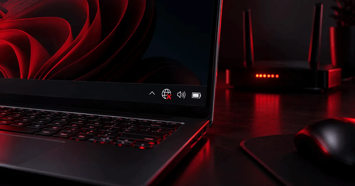 Ícone de Wi-Fi com um X na barra de tarefas de um notebook