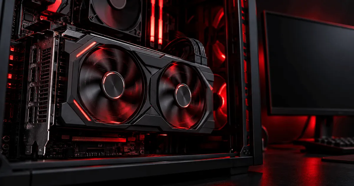 Placa de vídeo dedicada instalada em um PC aberto, com as ventoinhas girando