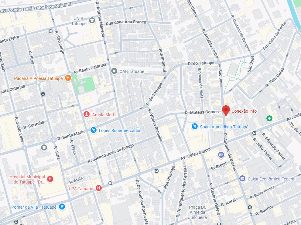 Mapa com a localização da Conexão Info, na Rua Antônio de Barros, no Tatuapé